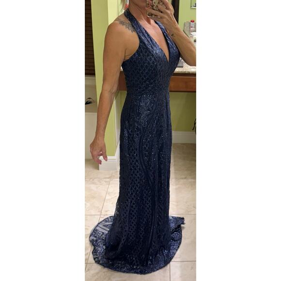 Abby Paris 90011 Formal midnight blue Glitter Gown 8 halter open back NWT $269 - Picture 5 of 14
